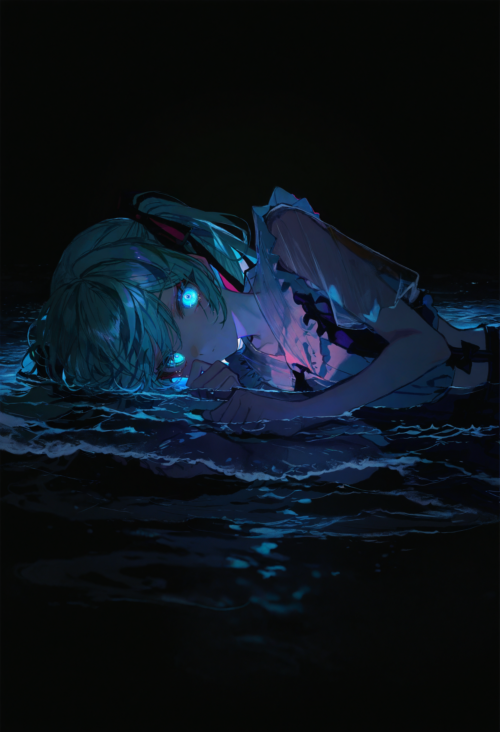 artist:[diyokama|fuzichoco|yoneyama mai|lam \(ramdayo\)|lifeline \(a384079959\)|quasarcake],
1girl, partially submerged, aqua eyes, cyan glow, glowing, glowing eyes, see-through shirt, crying with eyes open, looking at viewer, expressionless, colored eyelashes, jirai kei, hatsune miku, twintails, on side,
[|dark theme, black background, bioluminescence, phytoplankton, ocean, waves, scenery:10],
masterpiece, best quality, very awa, absurdres,
<lora:noobai_vpred_1_aesthetic_quality_modifiers_complete_v2:1>