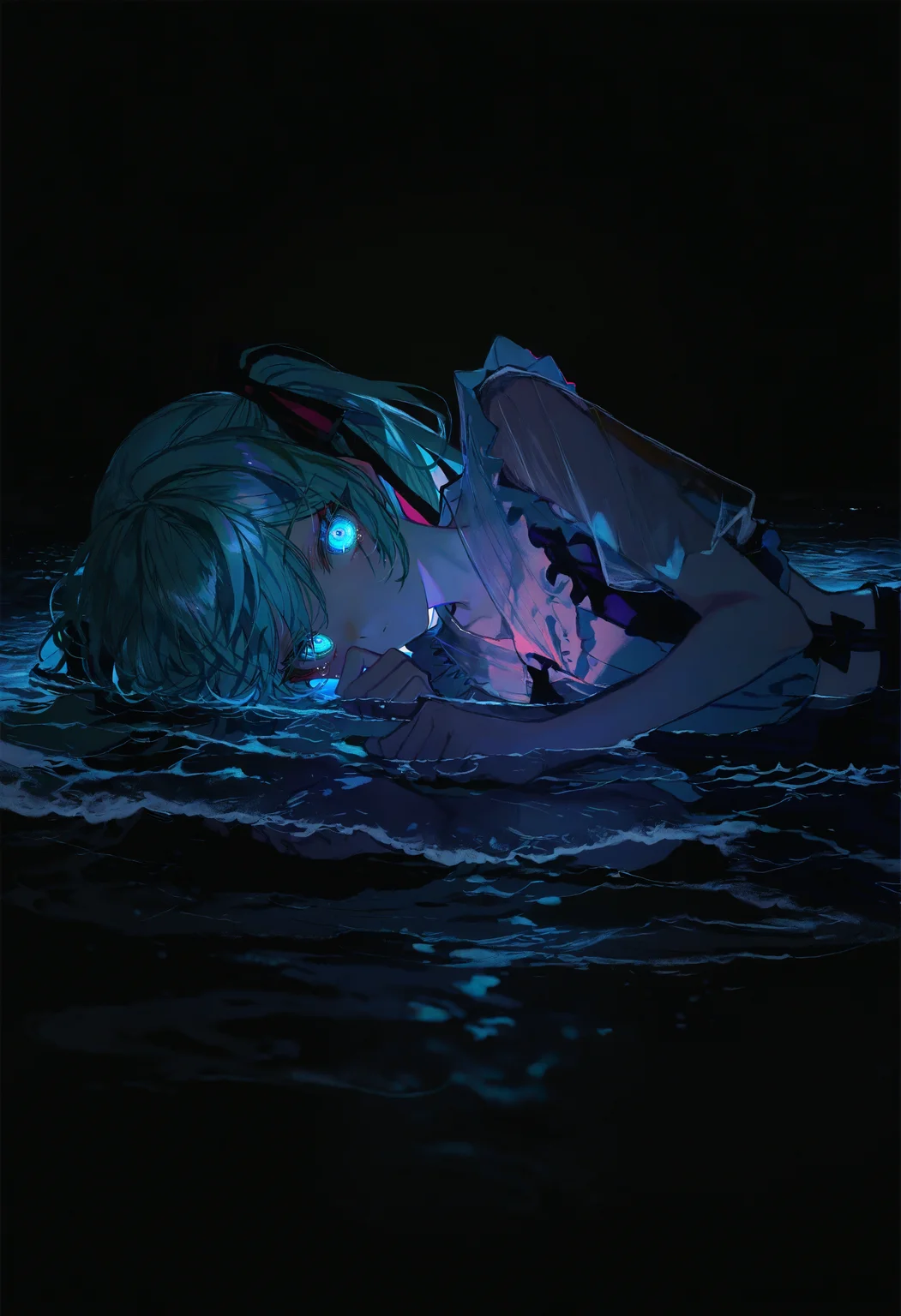artist:[diyokama|fuzichoco|yoneyama mai|lam \(ramdayo\)|lifeline \(a384079959\)|quasarcake],
1girl, partially submerged, aqua eyes, cyan glow, glowing, glowing eyes, see-through shirt, crying with eyes open, looking at viewer, expressionless, colored eyelashes, jirai kei, hatsune miku, twintails, on side,
[|dark theme, black background, bioluminescence, phytoplankton, ocean, waves, scenery:10],
masterpiece, best quality, very awa, absurdres,
<lora:noobai_vpred_1_aesthetic_quality_modifiers_complete_v2:1>