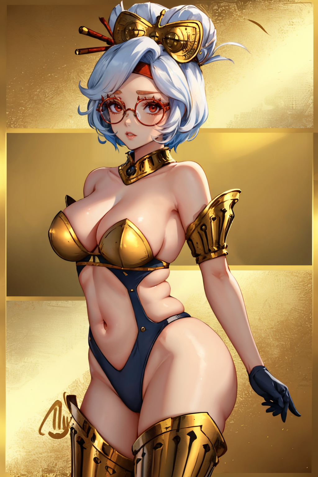 masterpiece, best quality, pattern background
 <lora:purah-nvwls-v3-2:0.8> purah, red glasses, hair ornament, hair stick, red headband,
 <lora:zs_HighCutArmor:1> p3highcut