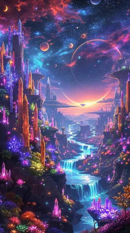 In a stunning celestial tableau, a distant planet's landscape unfolds: towering, iridescent flora illuminates against a backdrop of floating islands suspended within a radiant nebula. Crystalline formations and glowing, extraterrestrial plants mingle amidst rivers of shimmering liquid light, casting an ethereal glow across the terrain. In the distance, luminescent creatures blend seamlessly with the fantastical environment, as multiple moons and a giant, ringed planet dot the horizon, further elevating the surreal beauty of this alien world.