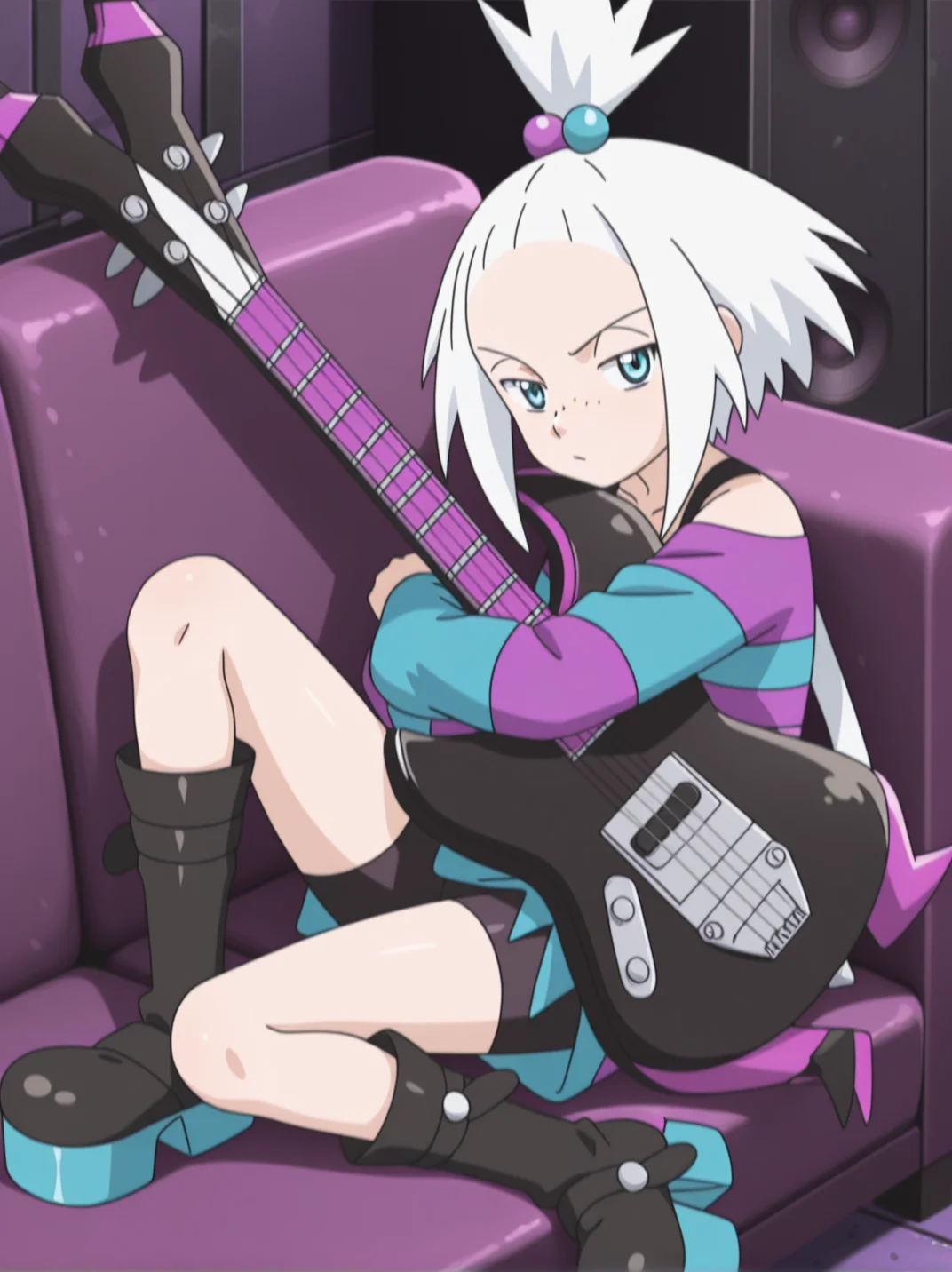 1girl, looking at viewer, seat, on couch, one foot on the couch, hugging_guitar, one foot on floor,
<lora:roxie_2_pe:1.0>
Roxi5,
blue eyes,pale skin, freckles,
white hair, tied in a high,spiky ponytail ,hair ornament, purple and blue hair bobbles,
black vest top,
loose dress, striped dress,purple and blue striped,
black bike shorts,
black boots platform,blue sole,
black electric guitar,
pink details electric guitar,
white guitar strap,, masterpiece, high quality, absurdres, best quality, very aesthetic, newest,