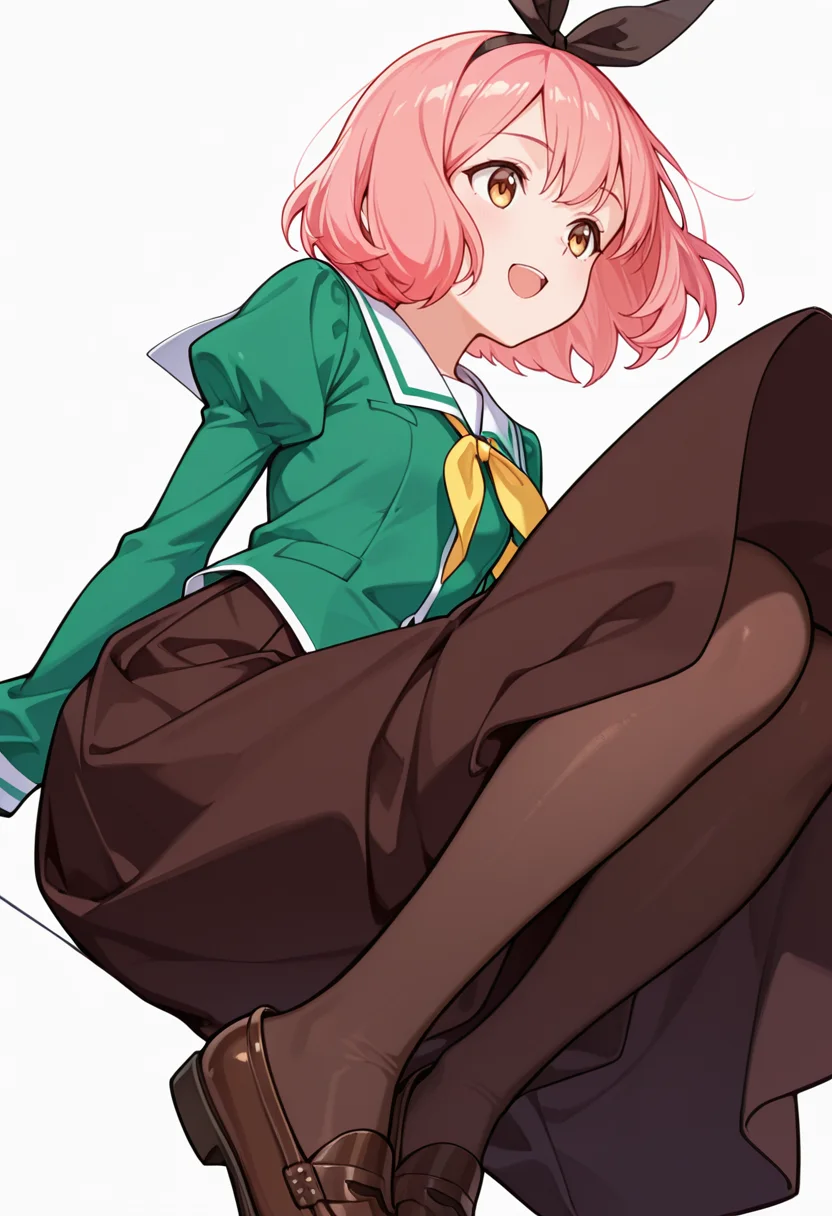 masterpiece,high quality details,absurdres,
<lora:Koshiba_Mai:0.8>
mar_cnr, 1girl, pink hair, short hair, bangs, brown eyes,black hairband,
mar_s1,green shirt, white sailor collar, serafuku,long skirt,black-brown skirt, juliet sleeves,pantyhose, loafers,, simple background, white background, dynamic angle,solo,, \(^o^)/,