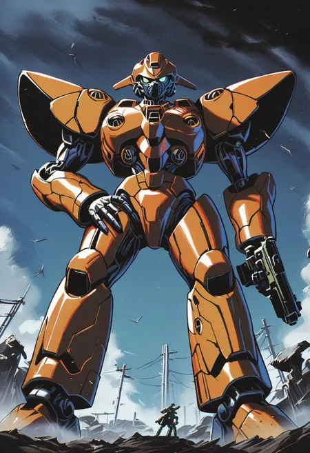 score_9, score_8_up, score_7_up,score_6_up, score_5_up, score_4_up,source_anime,retro artstyle,halftone effect,epic,intricate linework,biomechanical,mecha,pov,from below,fov,dynamic pose,carbon fiber,no humans,gundam,full body,gun,holding gun