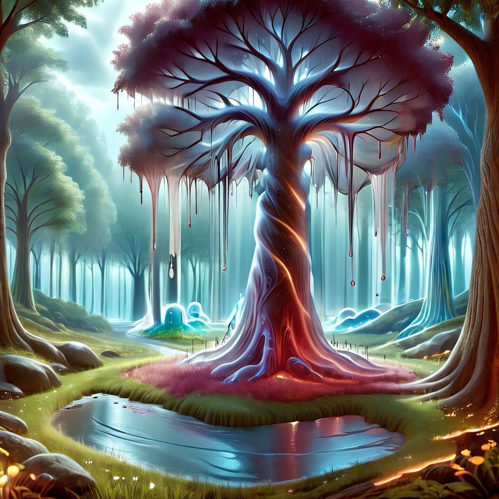 a tree made out of slime, dense-forest, Yggdrasil, a vast tree made out of slime, A large tree made out of slime, brown slime tree, translucent tree, transparent tree, trees made out of slime, 
everything made of slime, No simple background, ((slime tree)), detailed leaves, detailed bark texture, 
overcast sky, natural light, no bright spots, 
((translucent slime)), ((transparent slime)), (bioluminescent slime), sl1m3, slime, slime-morph, ais-blmn, saturated colors, no creatures, no monsters, no pokemon, scenery only, scenery, ral-lava, watce