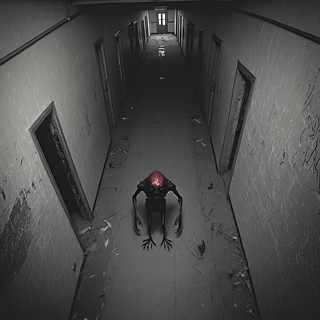 horrorcctvlora, abandoned hallway, horror (theme), monster, monochrome, bird view