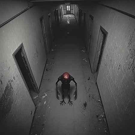 horrorcctvlora, abandoned hallway, horror (theme), monster, monochrome, bird view