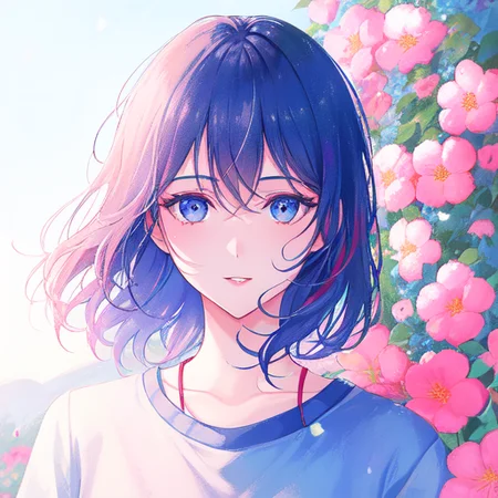 Samia, girl, solo, shirt, looking at you, face,midriff, perfect, flowers, high quality, sun kiss, radiant