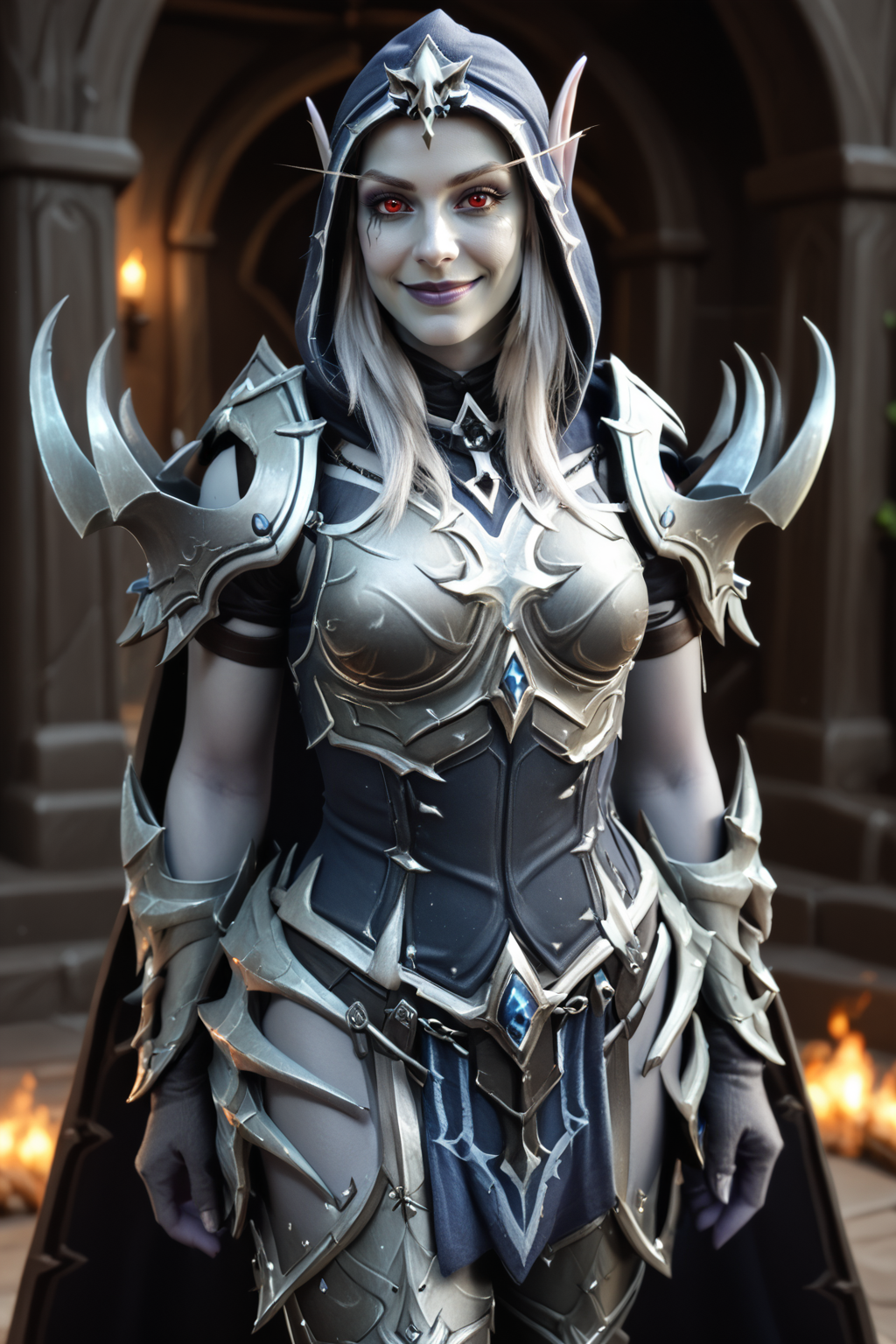 score_9, score_8_up, score_7_up, masterpiece, high quality, BREAK
 <lora:Sylvana WindrunnerShadowlPonyLoRA:0.8>sylwinshdw, long hair, white hair, pointy ears, red eyes, grey skin, hood, spikes, pauldrons, breastplate, gloves, cape, pelvis curtain, armor, pants, boots, smile