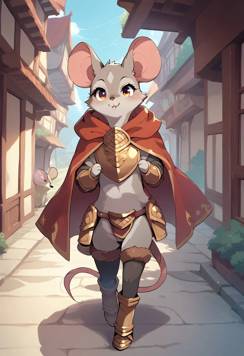 score_9, score_8_up, score_7_up, score_6_up, cute small feral mouse, female, (feral mouse  grey fur, long mouse tail), red cloak, skimpy bone armor, fur leggings, walking in a village, takeda hiromitsu style