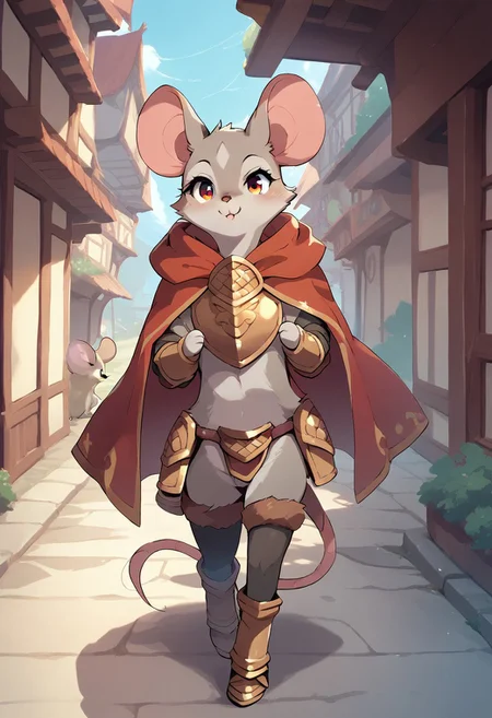 score_9, score_8_up, score_7_up, score_6_up, cute small feral mouse, female, (feral mouse grey fur, long mouse tail), red cloak, skimpy bone armor, fur leggings, walking in a village, takeda hiromitsu style