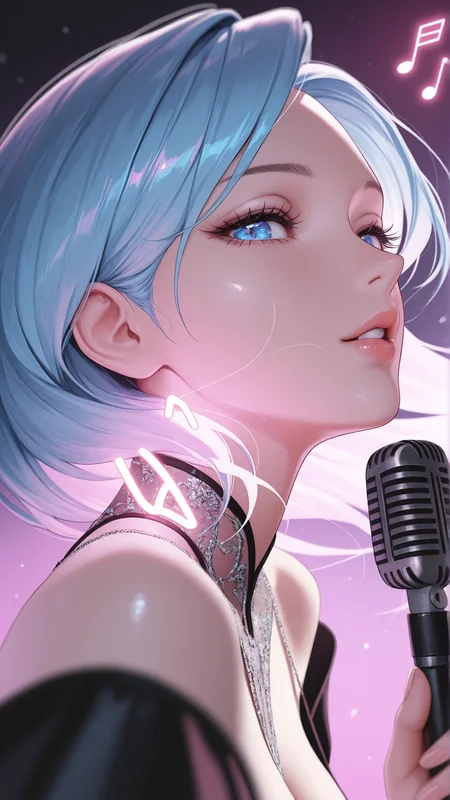 1girl,milf,parted lips,glossy lips,eyelashes,cyberpunk vibe,kpop star, music notes floating,microphone.singing,emotional,
available light,Glowing neon reflection,subtle shadows,
refined elegance,high-angle,elegant neckline,soft shoulder curve,gentle tilt, depth of field,focused subject,dynamic low angle,side view,dutch view, looking at viewer,face focus, dynamic motion, expressive,
masterpiece,best quality,amazing quality,very aesthetic,absurdres,newest,detailed eyes,
A professional,high-quality,hyper-realistic portrait of a woman, 3D