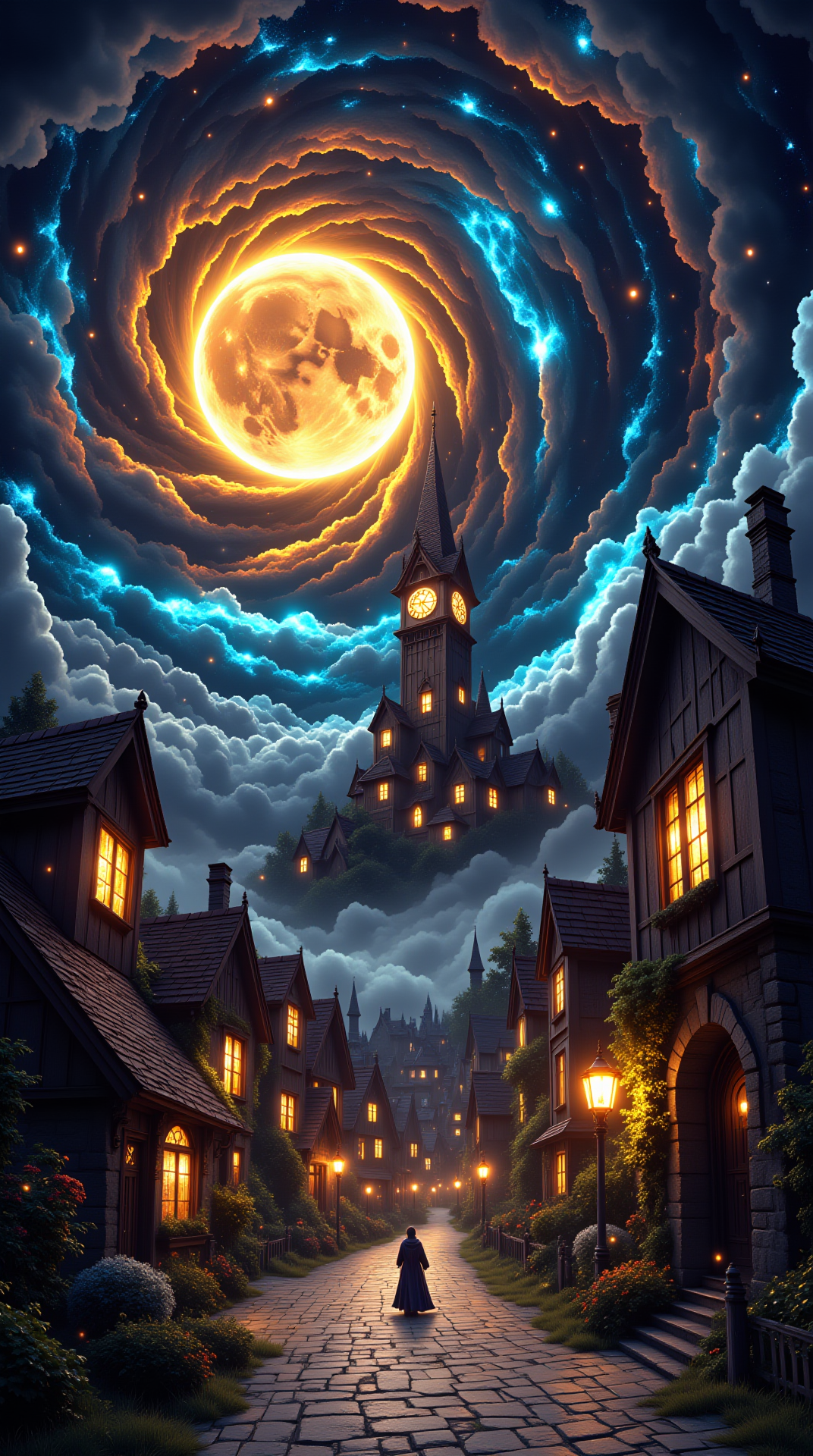 A stunning fantasy village with cobblestone streets and rustic houses beneath a dramatic sky filled with a massive celestial event. A giant glowing moon and swirling golden comets dominate the sky as a lone figure in a flowing cloak walks towards a towering clock tower. The vibrant colors and dreamy atmosphere exude a sense of magic and awe.