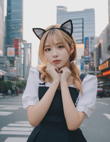 Sunset lighting. A young woman with blonde dyed hair, cat ears and Korean-style makeup with detailed skin texture.
She stands in a maid outfit with her hand on her chin against the backdrop of a busy city street lined with signs. Realistic film photography
<lora:SkimMilk:0.7>