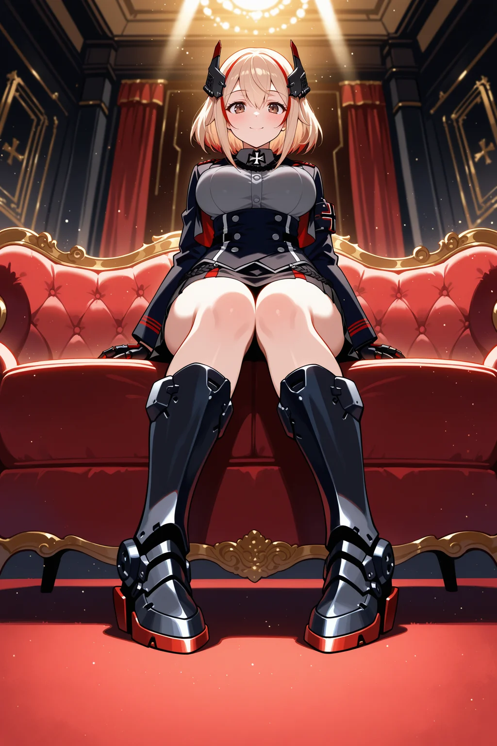 masterpiece, best quality, anime, 2d, 1girl, brown eyes, medium hair, two-tone hair, headgear, iron cross, cropped jacket, open jacket, grey shirt, underbust, long sleeves, mechanical hands, double-breasted, black miniskirt, mechanical boots, <lora:RoonNBCAMEq4v1 AL:1>,  abstract, spotlight, alluring, sofa, indoors, sitting, full body, straight-on, from below, mature female, happy
