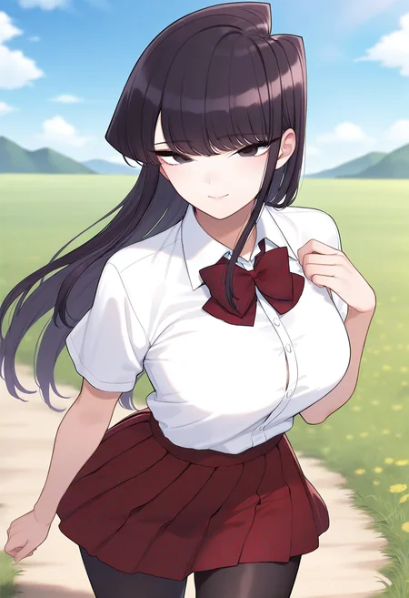 smile, cowboy shot,
komi_shouko, black eyes, black hair, long hair, school uniform, red bowtie, white shirt, collared shirt, short sleeves, striped, pleated skirt, red skirt, black pantyhose, <lora:komi_shouko_illustrious_ver1:0.8>, masterpiece, best quality, sensitive,, 1girl, solo, (field:1.2), (blue sky:1.2),