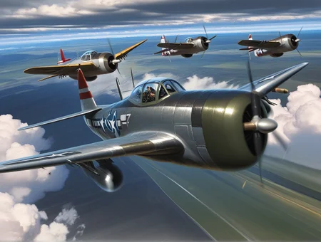 <lora:P-47_Thunderbolt_Illustrious:1.0> (p-47 thunderbolt:1.1), aerial combat, tracer fire, dogfight, enemy aircraft, cloudy sky, motion blur, dynamic composition, ultra realistic, masterpiece, best quality, amazing quality