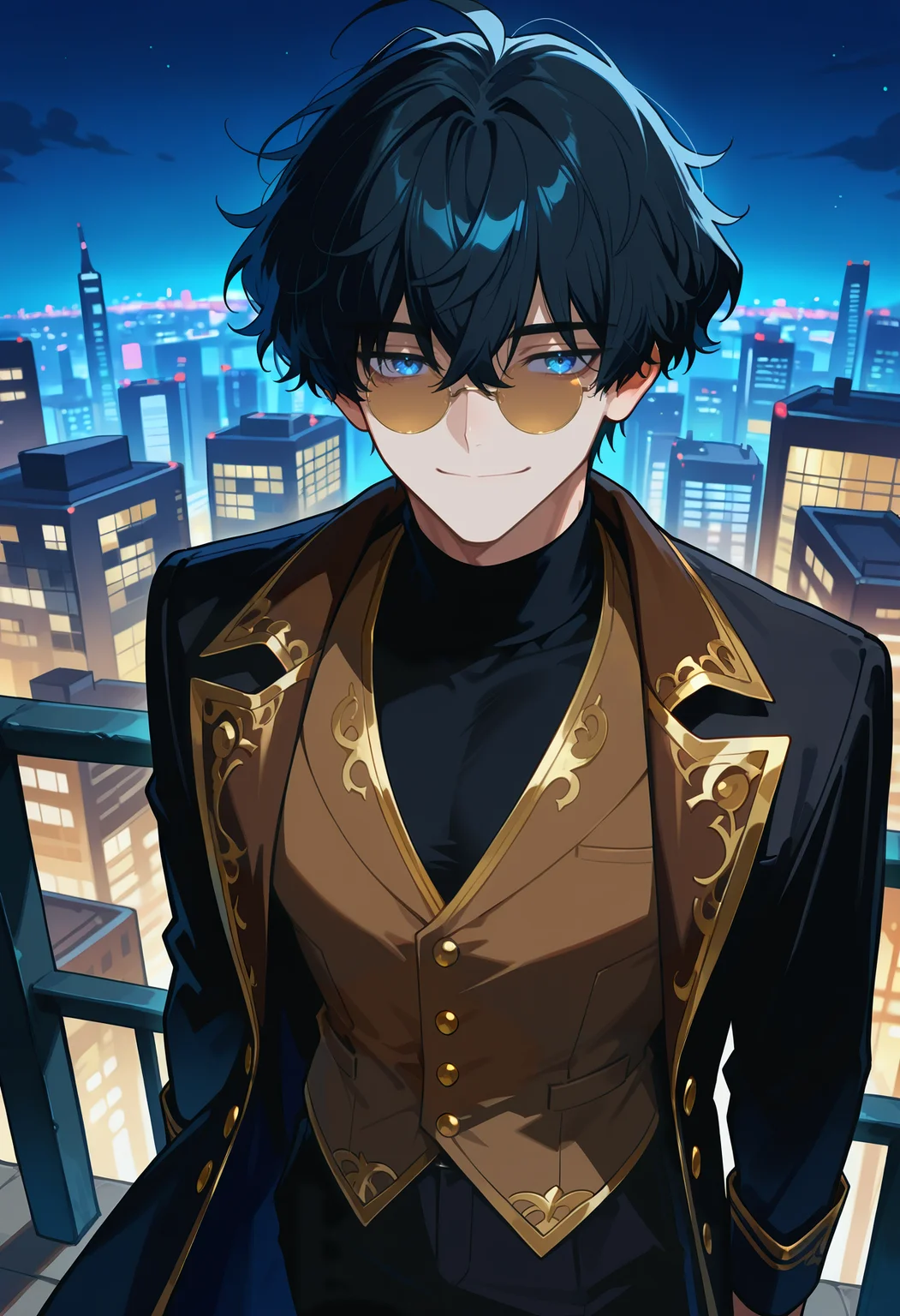 masterpiece, best quality, newest,  1boy, solo, black hair, messy hair, blue eyes,  circle-frame eyewear, black turtleneck,  thick hair, rimless eyewear, black clothes,  (gold trim), bangs, brown vest, gold buttons,  black pants, closed smile,  cityscape, night time,  pince-nez, shirt under vest <lora:Noel-M-aaaaa-t1-000010:1>, black coat, from side, tinted eyewear,