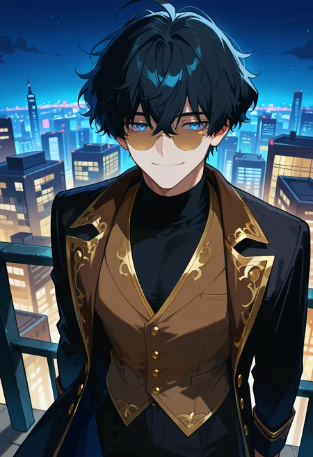 masterpiece, best quality, newest, 1boy, solo, black hair, messy hair, blue eyes, circle-frame eyewear, black turtleneck, thick hair, rimless eyewear, black clothes, (gold trim), bangs, brown vest, gold buttons, black pants, closed smile, cityscape, night time, pince-nez, shirt under vest <lora:Noel-M-aaaaa-t1-000010:1>, black coat, from side, tinted eyewear,