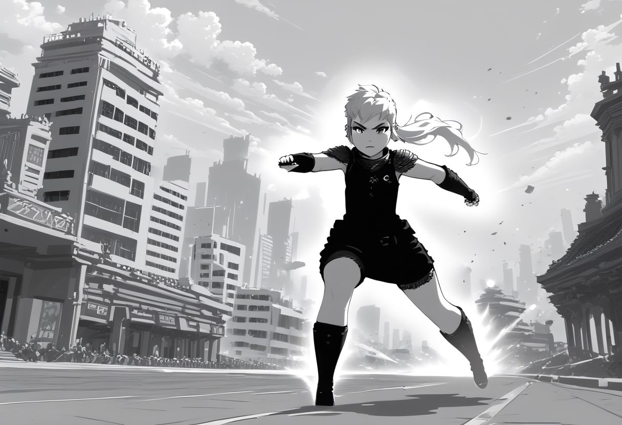 piercing      high quality no color  sketch, lineart only greyscale illustration of the female  goddess of thunder, torrun, white hair, green eyes, battle-ready,, full body, action pose, straight  sword,( young teen), urban background, city setting, urban female clothes, long hair in a ponytail, sketch, line art, grey scale