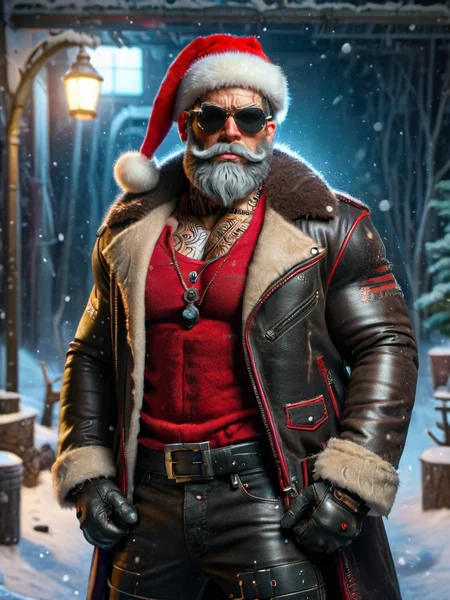ral-santa, badass santa, santa in a leather jacket and hat standing in the snow, rugged and tough <lora:ral-santa-sdxl:1>