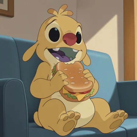 masterpiece, best quality, amazing quality, official artstyle, r3ub3n, male, furry male, anthro, solo, yellow fur, two-tone fur, short hair, black eyes, red nose, buck teeth, purple tongue, small ears, small tail, 3 toes, paw pads, sitting on couch, happy, eating sandwich, indoors, living room