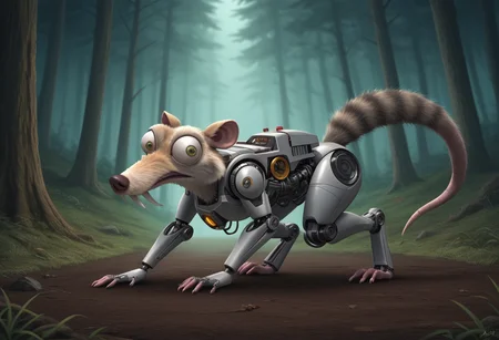 High quality, Giant transformer beast scrat like, Bulging eyes bushy tail, skinny, (robotic transformer:1.2), holding a big mechanic acorn with digital parts and LED lights,  <lora:Scrat_Ice_Age_PONY:0.75> Scrat, intense (looking to viewer:1.1), on all fours running quadruped in the forest