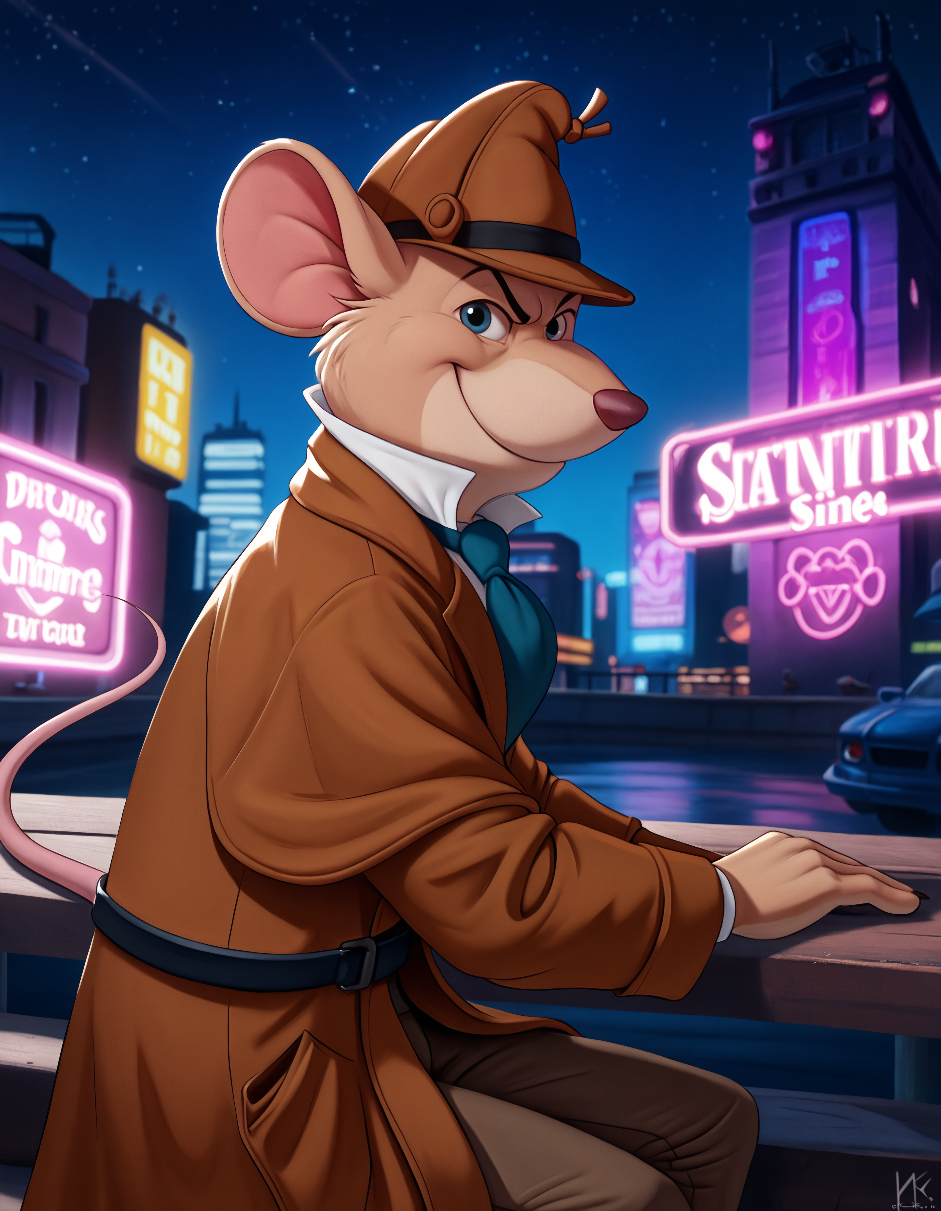 score_9, score_8_up, score_7_up BREAK rating_safe, source_furry, detailed, depth of field, detailed background, cinematic lighting, particles, decals, masterpiece, (best quality, high quality, 8K:1.5), <lora:sinfully_stylish_SDXL.safetensors:0.95>,  embedding:zPDXL3, anthro, <lora:add-detail-xl.safetensors:2.5>, <lora:Basil_of_Baker_StreetThe_Great_Mouse_Detective:1.0>, basil_gmd, great_mouse_detective, solo, 1boy, male focus, clothed, hat, dark, night, light shining through feathers, looking at viewer, city, outdoor, digitigrade, biped, barefoot, (cyberpunk, neon lights, night time:1.2), upper body, solo, smile, long_sleeves, tail, necktie, shoes, pants, black_eyes, coat, blue_necktie, mouse_ears, brown_headwear, furry_male, mouse_tail, brown_pants, brown_coat, mouse, trench_coat, detective,  (close up, from side, sitting looking back, angry:1.15)