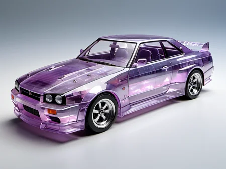 (photorealistic), <lora:Fluorite_Mineral_SDXL:1> fluorite mineral, translucent, nissan skyline,