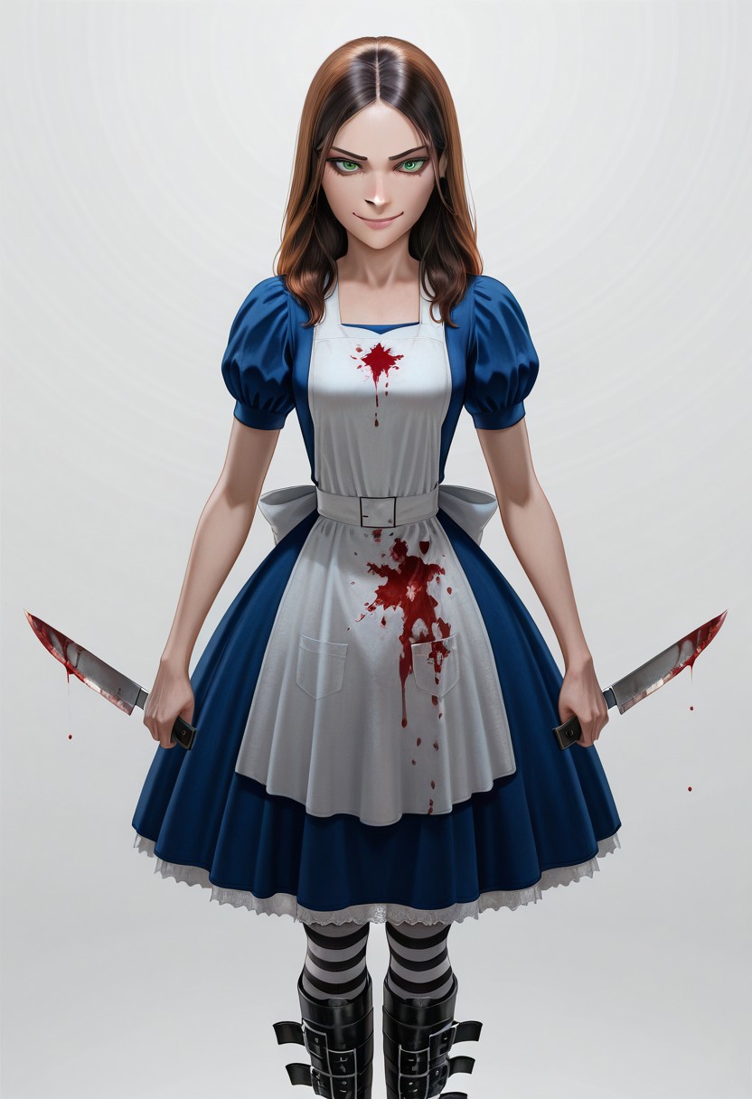 best quality, ultra detailed, high resolution, incredibly absurdres, extremely aesthetic, high resolution, realistic, masterpiece, Al1ceL1ddell, 1girl, solo, small breasts, petite, dress, bloodstained apron, long hair, brown hair, green eyes, striped socks, belt boots, holding a knife, blood dripping from knife, staring at the viewer, smirk, simple background, realistic light and shadows, volumetric lighting, global illumination, subsurface scattering and reflections, refraction,