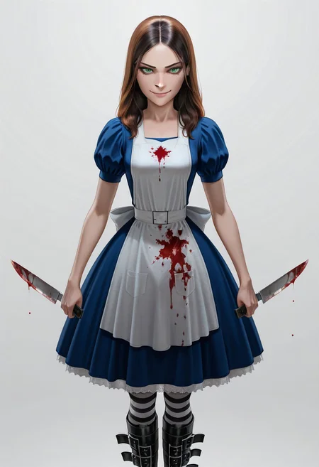 best quality, ultra detailed, high resolution, incredibly absurdres, extremely aesthetic, high resolution, realistic, masterpiece, Al1ceL1ddell, 1girl, solo, small breasts, petite, dress, bloodstained apron, long hair, brown hair, green eyes, striped socks, belt boots, holding a knife, blood dripping from knife, staring at the viewer, smirk, simple background, realistic light and shadows, volumetric lighting, global illumination, subsurface scattering and reflections, refraction,