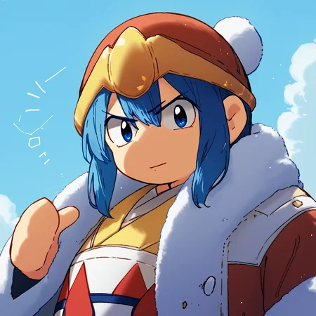 score_9 <lora:Dedede:1.29> blue eyes, hat, coat, no humans <lora:omori:0.8> mikus-omori, omori, upper body, looking at viewer
