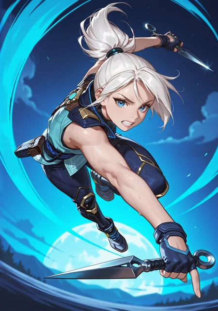 embedding:IllustriousQual, masterpiece, best quality, newest, absurdres, highres, jett_\(valorant\), action shot, in air, flying, holding kunai, dual wielding, action pose, white hair, bangs, ponytail, sleeveless, blue outfit, ((foreshortening)), ((fisheye lens effect)) dramatic lighting, dark lighting, contrast lighting, solo, 1girl, motion blur, depth of field, steam, blurry background, holding weapon, night, gritted teeth, full body, determined, acrobatic, looking at viewer, outdoors, alleyway, embedding:IllustriousQual, masterpiece, best quality, newest, absurdres, highres, jett_\(valorant\), action shot, in air, flying, holding kunai, dual wielding, action pose, white hair, bangs, ponytail, sleeveless, blue outfit, ((foreshortening)), ((fisheye lens effect)) dramatic lighting, dark lighting, contrast lighting, solo, 1girl, motion blur, depth of field, steam, blurry background, holding weapon, night, gritted teeth, full body, determined, acrobatic, looking at viewer, outdoors, alleyway<lora:lerapi_ill.safetensors:1.0:1.0>