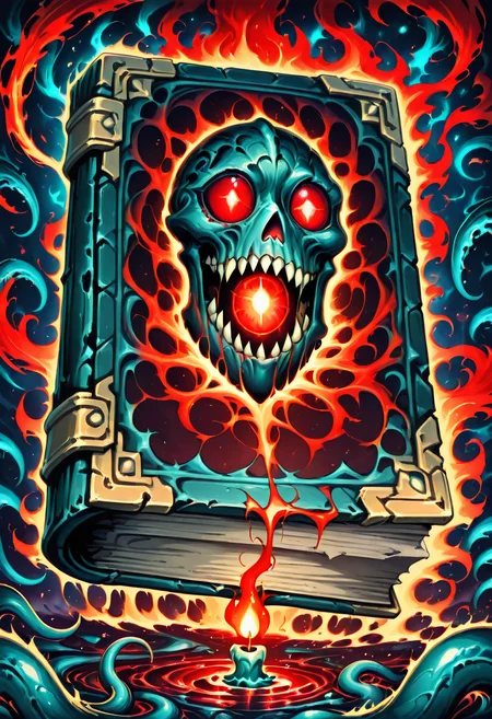 masterpiece, best quality, no humans, CitronsGrimoires, cursed book, evil, eldritch, tentacles, black leather cover, writhing tendrils, suction cups, sharp teeth, glowing red eyes, demonic aura, corrupted magic, ancient tome, gothic symbols, sinister grin, solo object, floating book, dark mist, shadowy environment, flickering candlelight, cinematic horror lighting â Suspended in a shroud of whispering shadows, the cursed grimoire pulses with malevolent life. Tentacles unfurl from its cracked spine, each lined with glistening suction cups and twitching with hunger. Its black leather cover flexes like breathing skin, and between its warped pages gleam jagged, fang-like teeth, dripping with ethereal ink. A single blood-red eye stares from its center, unblinking and aware. The air around it twists with corrupted energy, symbols crawling across the floor like living shadowsâthis is a book that doesnât want to be read. It wants to consume. ,<lora:CitronsGrimoiresIXL:1.0>,