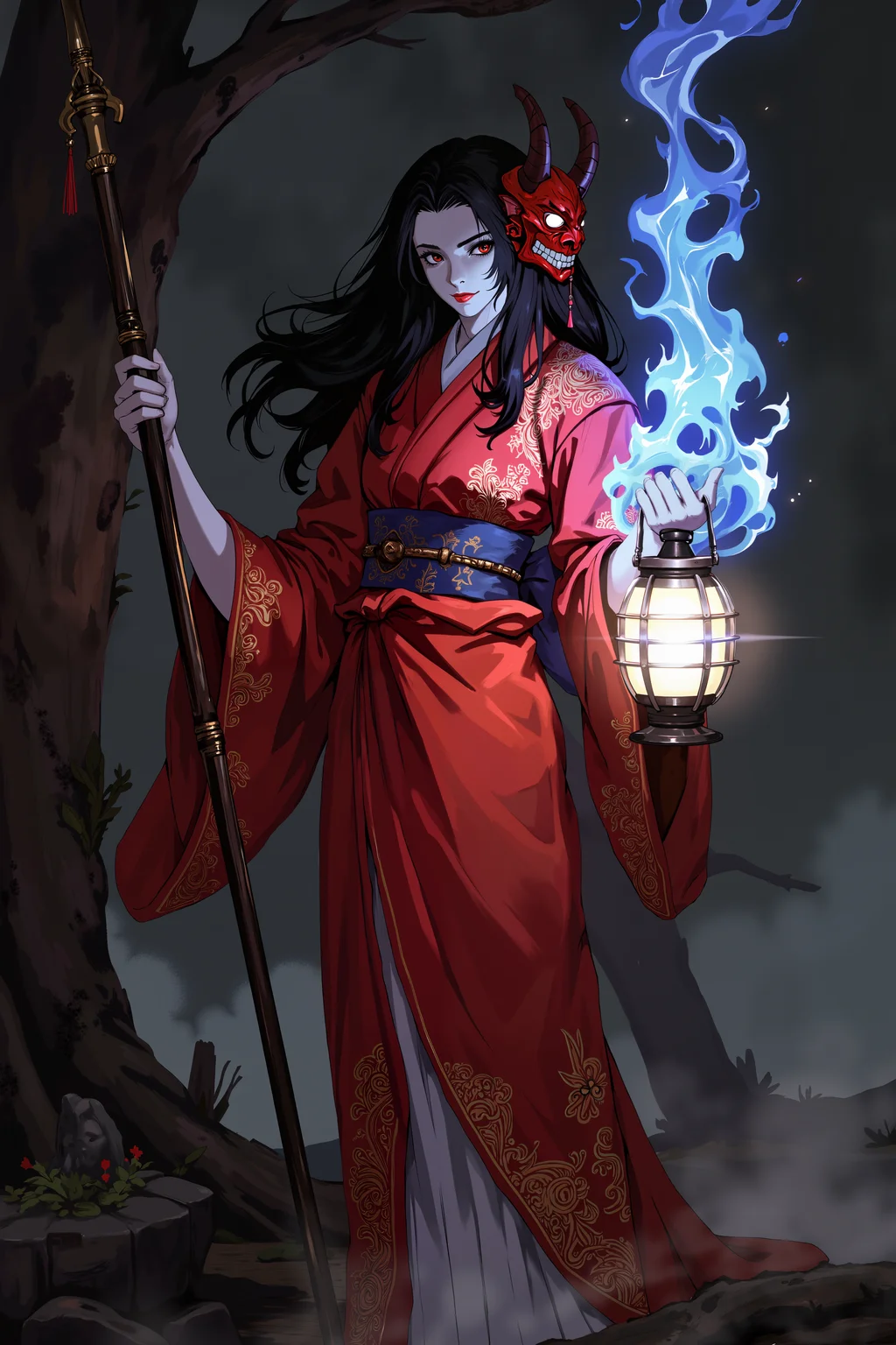 a somber, ghostly figure in traditional Japanese attire. The figure, with pale skin and long black hair, wears a flowing red kimono with intricate designs. They hold a glowing lantern and a staff, surrounded by ethereal blue flames. A red demon mask floats near their face. The background is dark and foggy, with a large tree trunk visible to the left. The atmosphere is eerie and mystical. , detailed background Fantastic lighting. Detailed shadows.intricate details, vivid colors, hyper-detailed, ultra-sharp, , <lora:XRSTYLE_FLUX:0.5><lora:RetroAnimeFluxV1:0.4><lora:MoriiMee_Gothic_Niji_Style_FLUX:0.3>