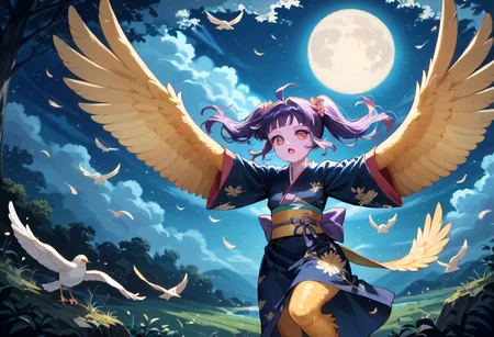 best resolution,score_9,score_8_up,score_7_up,score_6_up,score_8,score_7,score_6,best quality,masterpiece,source_anime,1girl,solo,kawaii,cute,winged_arms,A majestic harpy with dark feathers and glowing red eyes,wearing black japanese kimono,flying soaring through a stormy night sky.moonlight, starlight, firelight,wise,moonlit night sky,wind,cowboy shot,focus on face,dynamic shot, Expressiveh,eyesHD,high gradient eyes,detailed eyes,high definition eyes, <lora:Eyes_High_Definition:0.25> <lora:Expressive_H:0.75> <lora:winged_arm_style:0.85>