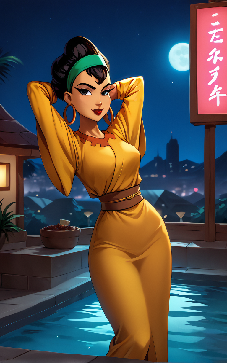 score_9, score_8_up, score_7_up, score_6_up, looking at viewer,  BREAK
MainOutfit_EmprorerGroove_Chicha_ownwaifu, 
1girl, black hair, dark-skinned female, jewelry, black eyes, makeup, lipstick, short hair, headband, hairband, red lips, hair bun, breasts, hoop earrings, single hair bun,
yellow dress, long sleeves, wide sleeves, japanese clothes, belt, orange dress, sash, 
(contrapposto, arms behind head), neon_lights, cityscape, night, pool, full moon, outdoors, <lora:PONYXL_EmprorerGroove_Chicha_ownwaifu:0.9> , depth of field, solo,