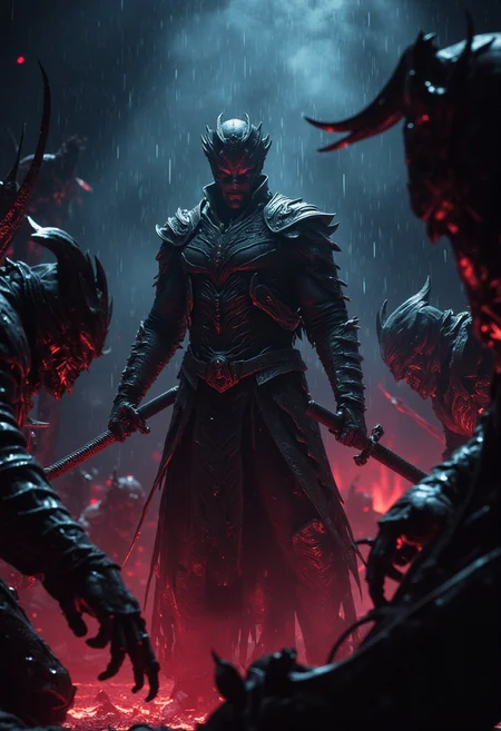 Vergil from devil may cry, Holding his katana ready to fight, surrounded by demons about to attack, raining, night, neon lights, dark background (black, red, blue)