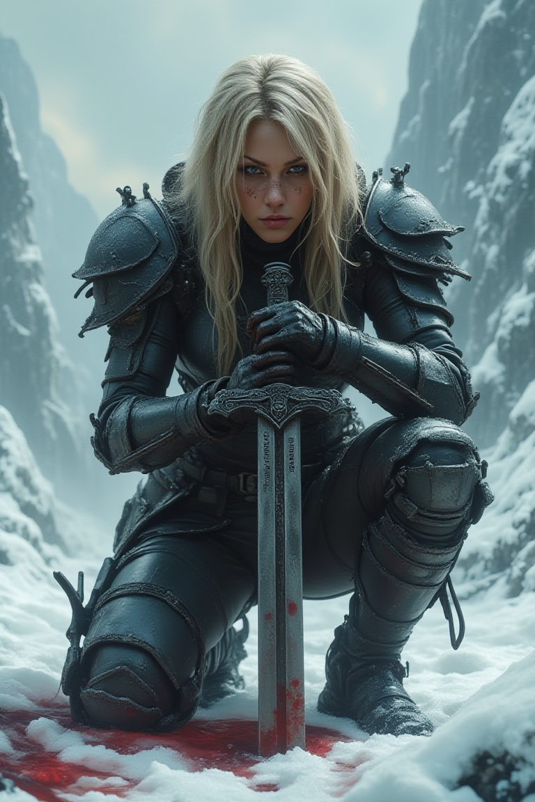 An atmospheric and powerful dark fantasy image, classical style painting of a beautiful female BlackT40k space marine dressed in intricate power armor. She crouches with her head down and her dirty blonde hair falls over her face. She holds a powerful sword of dark steel. There is blood in the snow around her from a fallen enemy. Cinematic shot in a snowy mountainous region.