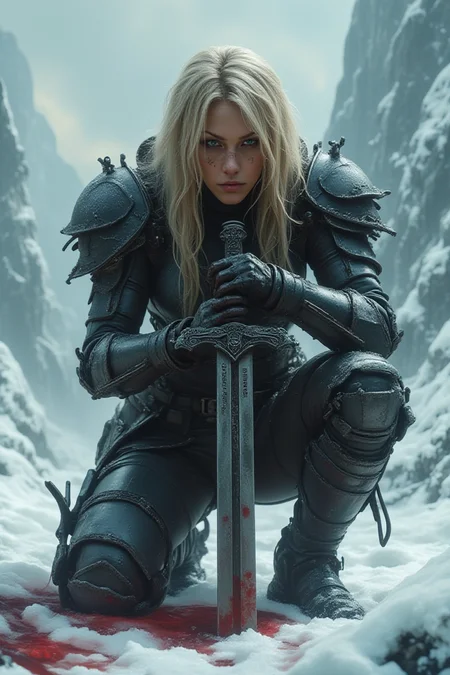 An atmospheric and powerful dark fantasy image, classical style painting of a beautiful female BlackT40k space marine dressed in intricate power armor. She crouches with her head down and her dirty blonde hair falls over her face. She holds a powerful sword of dark steel. There is blood in the snow around her from a fallen enemy. Cinematic shot in a snowy mountainous region.