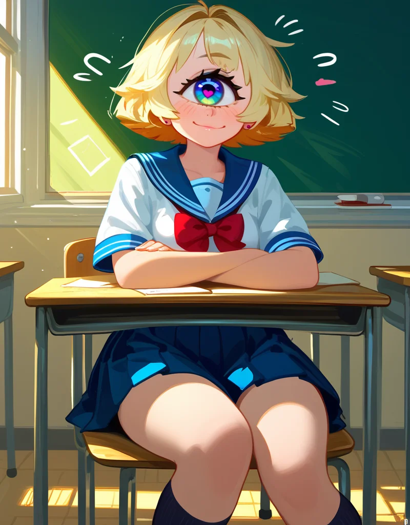zPDXL2, <lora:MonoeyeV1:1>, m0noeye, monoeye, cyclops,
1girl, cute face, detailed eye, heart shaped eye, schoolgirl uniform, sitting in a classroom, large field of view, shot with 18mm lens