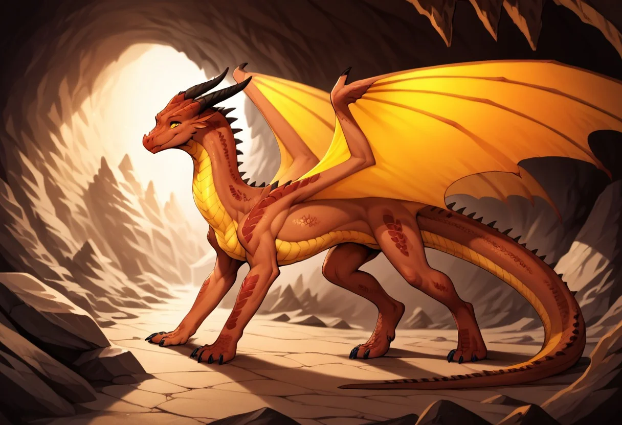 Score_9, score_8_up, score_7_up, score_6_up, score_5_ Feral dragon, realistic, female dragon, detailed scales, detailed belly scales, brown dragon, brown scales, yellow eyes (best possible eyes), female, tail, black horns, black claws, spikes, naked, cute, cute face, athletic body, tall, svelte body, indoors, rocky cave, puffy pussy, swolen pussy, cute, innocent, friendly, jovial, welcoming smile, very large dragon, wings, majestic, walking, side on shot