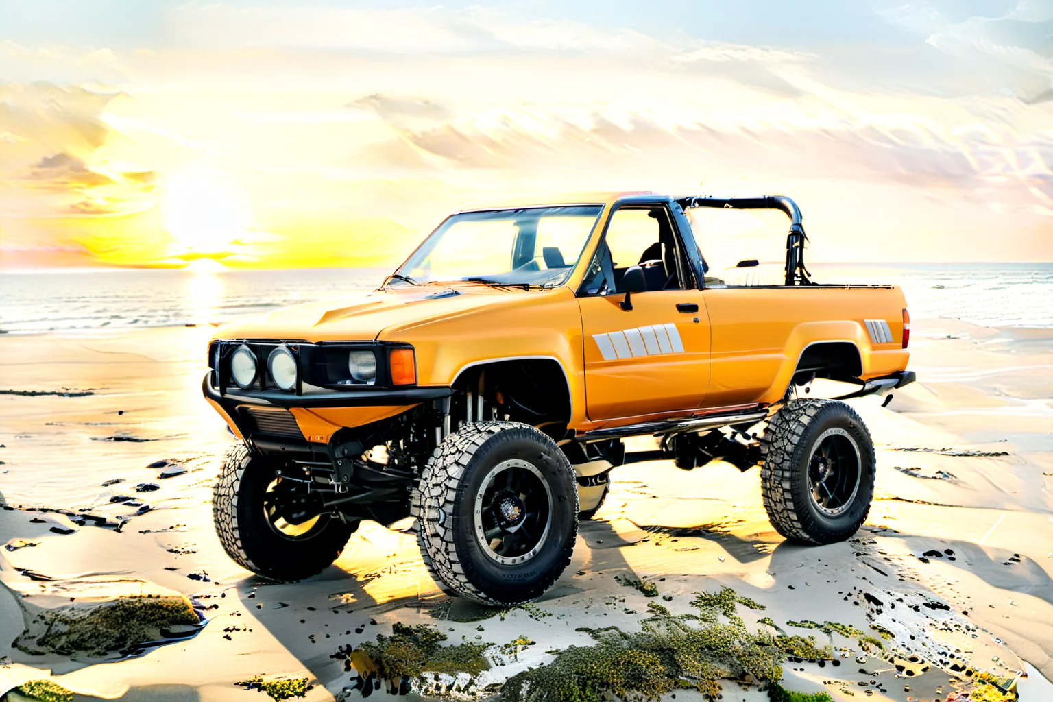 4runner1, motor vehicle, (side view), (orange:0.9) body, lifted, modified, topper off, driving on the (beach:0.8), ((sailor's sunset):1.4), (ocean0.8), 8k, uhd, dslr, perfect focus, gray sr5 stripes <lora:4runner1_SDXL_v1:0.8> <lora:xl_more_art-full_v1:1.8>