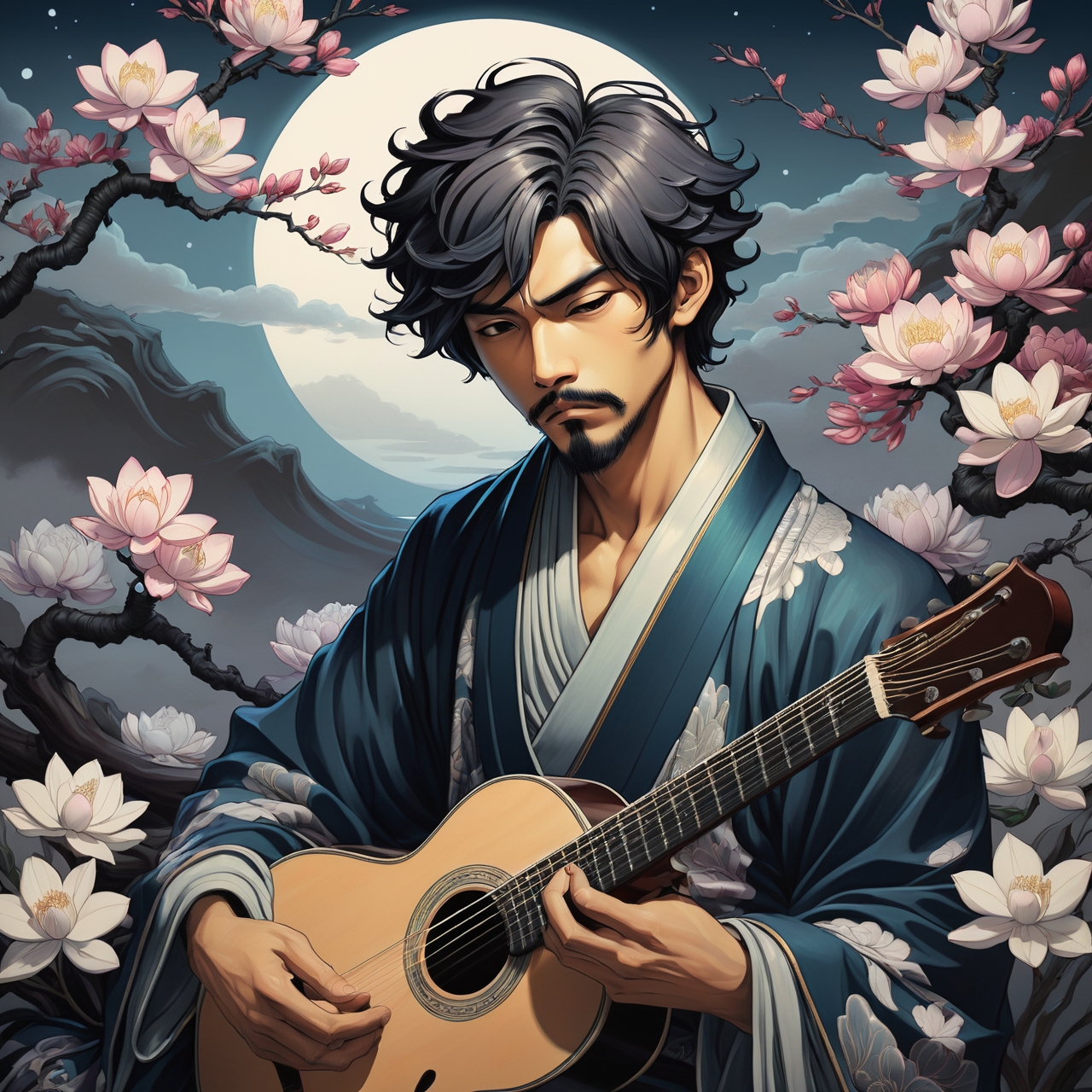 Ukiyo-E, Drawing, Painting of a [Selfish|Masculine]"Hey, jude, don't make it bad, take a sad song and make it better.", deep focus, art nouveau art, [by Ross Draws| Ross Tran], Visual novel, Proud, Vanitas, ethereal magical atmosphere