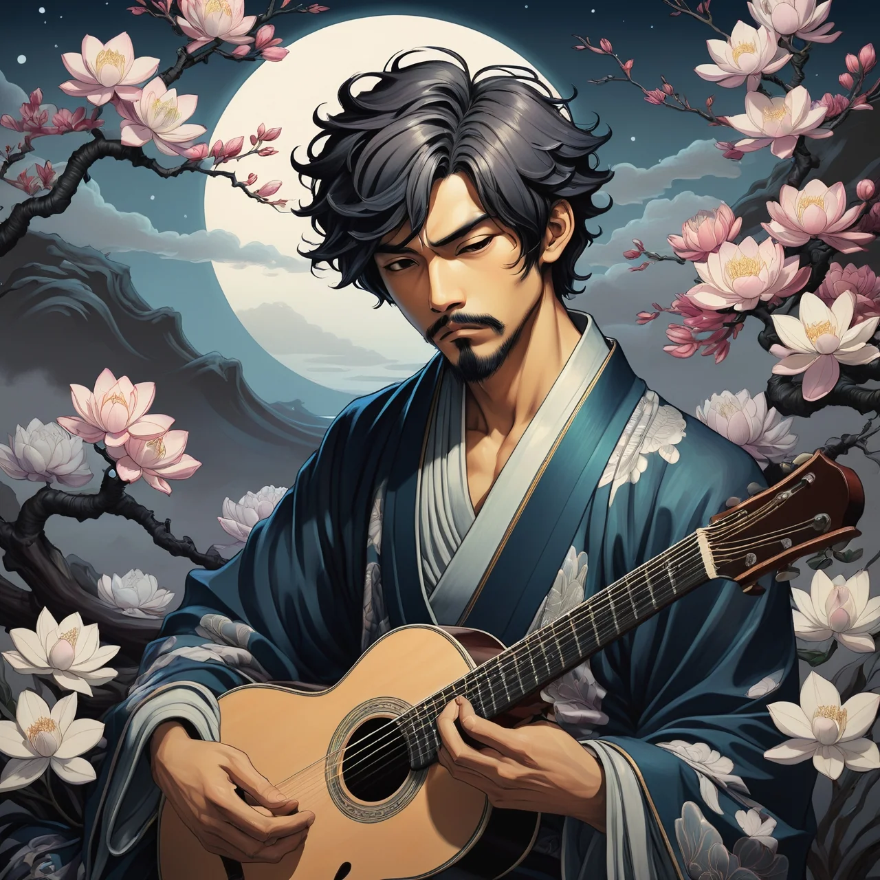 Ukiyo-E, Drawing, Painting of a [Selfish|Masculine]"Hey, jude, don't make it bad, take a sad song and make it better.", deep focus, art nouveau art, [by Ross Draws| Ross Tran], Visual novel, Proud, Vanitas, ethereal magical atmosphere