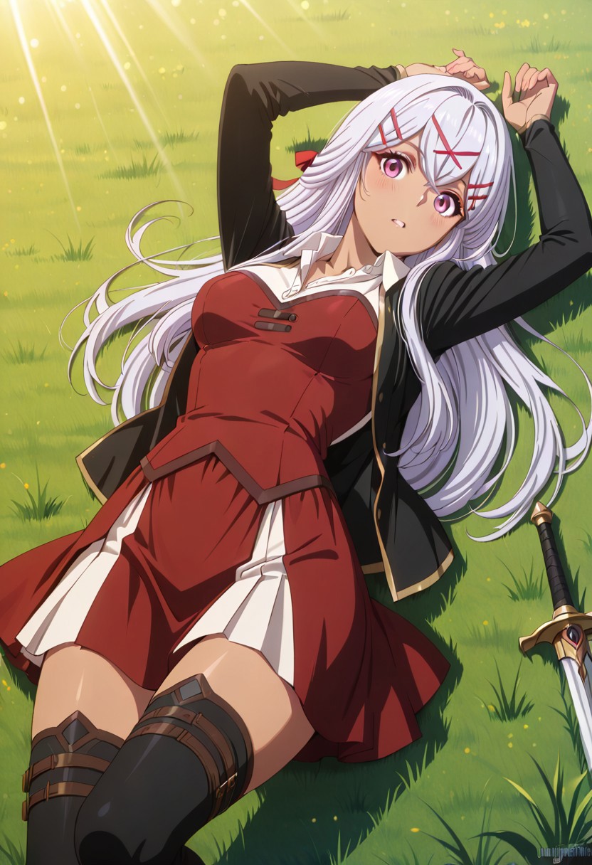 score_9, score_8_up, score_7_up, dynamic view, eye_focus, solo, looking_at_viewer, 1girl, 
masterpiece, best quality, bokeh, luminescent background,
(yulishia,  dark-skinned female, white hair, long hair, hair between eyes, bangs,  purple eyes, hair ornament, hairclip, x hair ornament, hair ribbon, red ribbon, medium breasts,   black jacked, white shirt, collared shirt, wing collar, long sleevs, red dress,  dress skirt, red skirt, black thighhighs, brown boots, scabbard, sword in scabbard, sword,
 ),
 looking_at_viewer, 1girl, masterpiece, best quality, bokeh, luminescent background, girl, solo, arm up, blush, looking at viewer, lying, on back, parted lips, grass, sunlight,