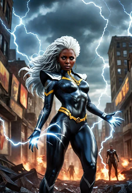 UltUltra detailed digital art masterpiece, Hyperdetailed, hyperrealism, extremely high resolution of Beautiful black Superheroine Ororo Munroe as Storm, Greg Rutkowski style, stands in a bloody, sinister battle in the streets of a ruined city, Realistic brown eyes, wavy grey hair, Intricately designed cool X-Men Superheroine combat costume with X logo, Marvel, X-Men, 8K, deep color, Cinematic Lighting, intricate smooth, sharp focus digital painting, Artgerm, WLOP, Greg Rutkowski, Beautiful 21 years old Ororo Munroe as Storm, Intricately Designed handsome black face, Marvel comics, Realistic combat dirty clothing, perfect whole athletic body, defiant and seductive, Photograph Taken on Nikon D750, Intricate Elegant, Digital Illustration, Scenic, Unreal Engine, CryEngine, Octane Render, 8k, Designed combat clothes, Attractive, Attractive black woman, dramatic lighting, wet and sweaty skin, beautiful firm Breasts, Daylight, Concept art by Greg Rutkowski, adding to the intense and dynamic atmosphere of the scene