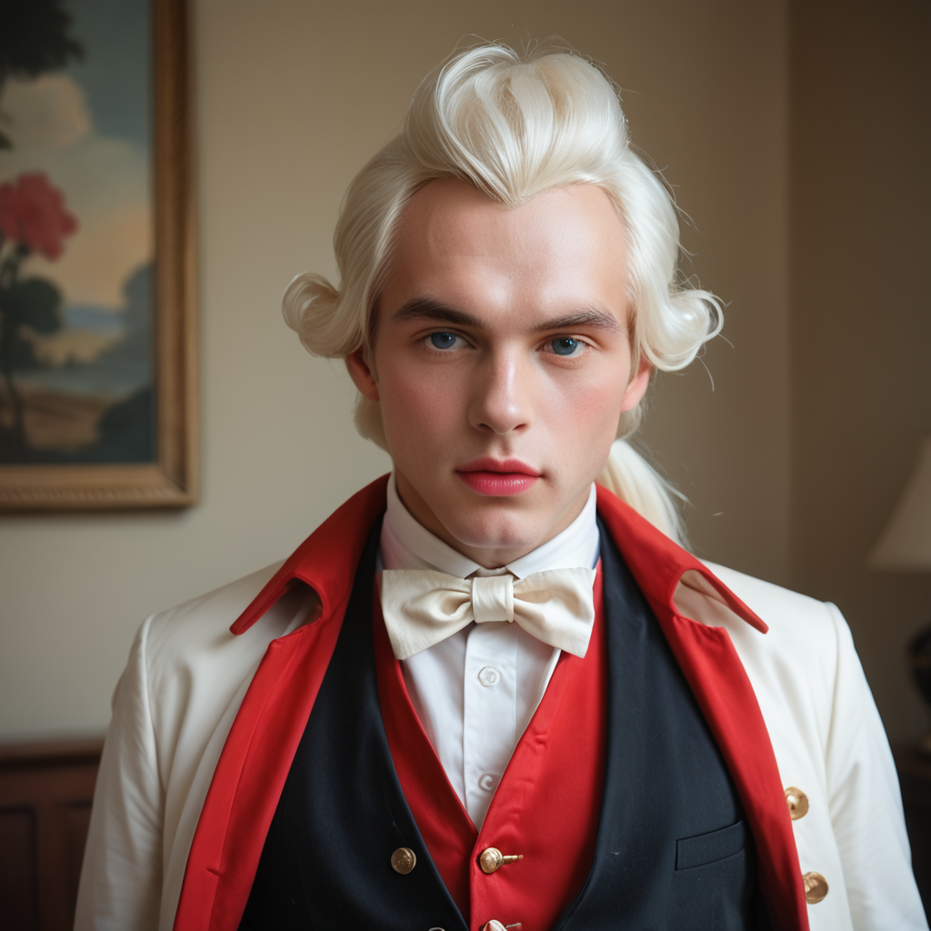 score_9, score_8_up, score_7_up, photograph, retro, dust, 1boys w16hsl1ps, male focus,he wears a historical wig and 18th century clothes,  white hair, open coat, waistcoat,ponytail with black ribbon, indoors, close-up, pink lips, rouge, pink cheeks, realistic, white face makeup,
((masterpiece, best quality))
<lora:18th_Cent_man_PXL_V0:1>,