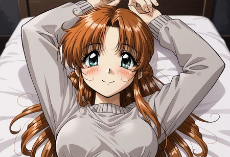 detailed background, shiny skin, rating safe, <lora:komirin.pony:1.0>, komirin, seina, solo, looking at viewer, blush, smile, medium breasts, grey sweater, long sleeves, upper body, arms above head, lying, on bed, on back, bedroom, dark room