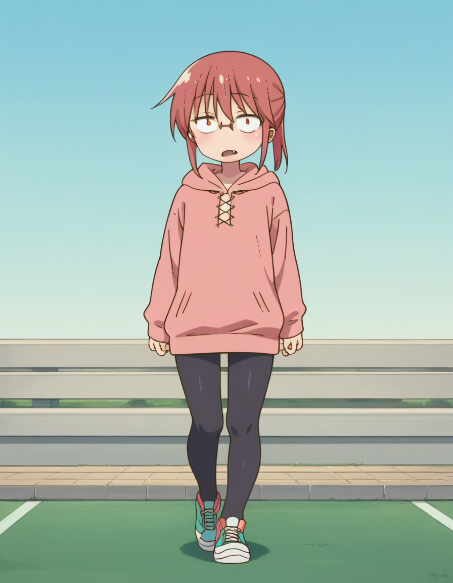 zPDXL, score_9, score_8_up, score_7_up, source_anime, (portrait),  <lora:KobayashiDragonPack:1> drgmd, 1girl, solo,
kobayashi \(maidragon\), red hair, ponytail, glasses , hoodie-dress, (pantyhose), sneakers, skin fang, walking,
