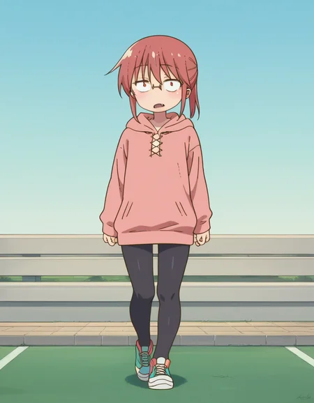 zPDXL, score_9, score_8_up, score_7_up, source_anime, (portrait), <lora:KobayashiDragonPack:1> drgmd, 1girl, solo,
kobayashi \(maidragon\), red hair, ponytail, glasses , hoodie-dress, (pantyhose), sneakers, skin fang, walking,
